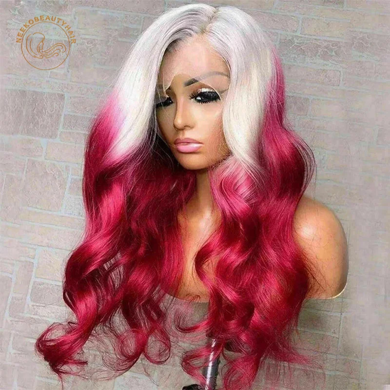 Lace Frontal Wigs Ombre Blonde Pink Wavy 13X4 Lace Front Wig 180% Density 2 Tones Colored Human Hair Wigs Body Wave Wig