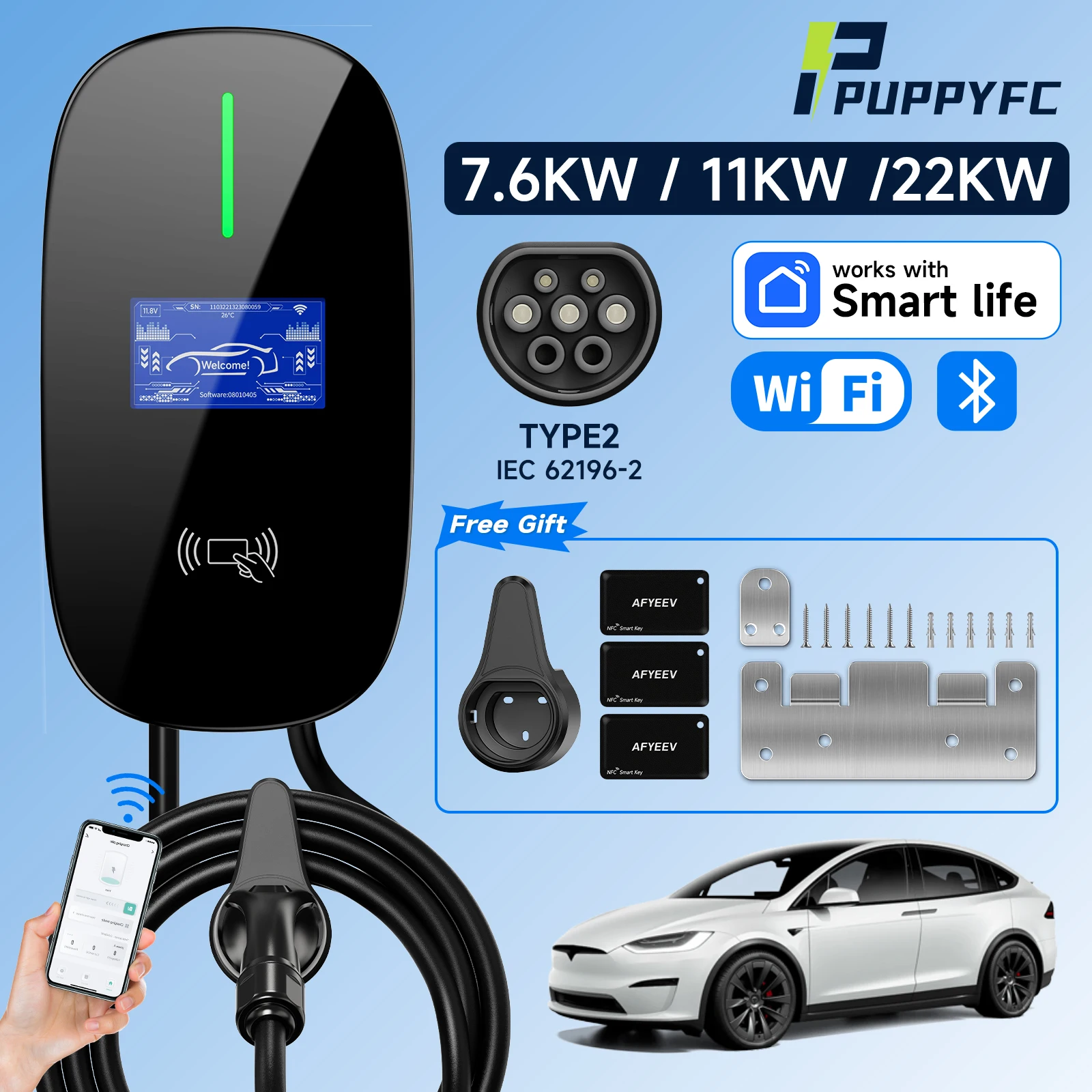 

Puppyfc 7.6KW/11KW/22KW 16A/32A Type2 Electric Vehicle Car Charger EVSE Station Wallbox 1Phase/3Phase WiFi APP Control