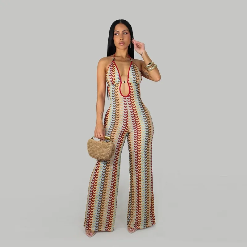 Halter Jumpsuit with Liner, Women Color Block Striped Sexy Open Back Outfit