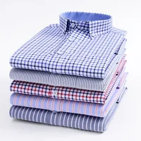 Camisa a cuadros a rayas para hombre, camisa de manga larga informal giratoria, cómoda, transpirable, cuello, diseño de botones, vestido de negocios delgado para hombre