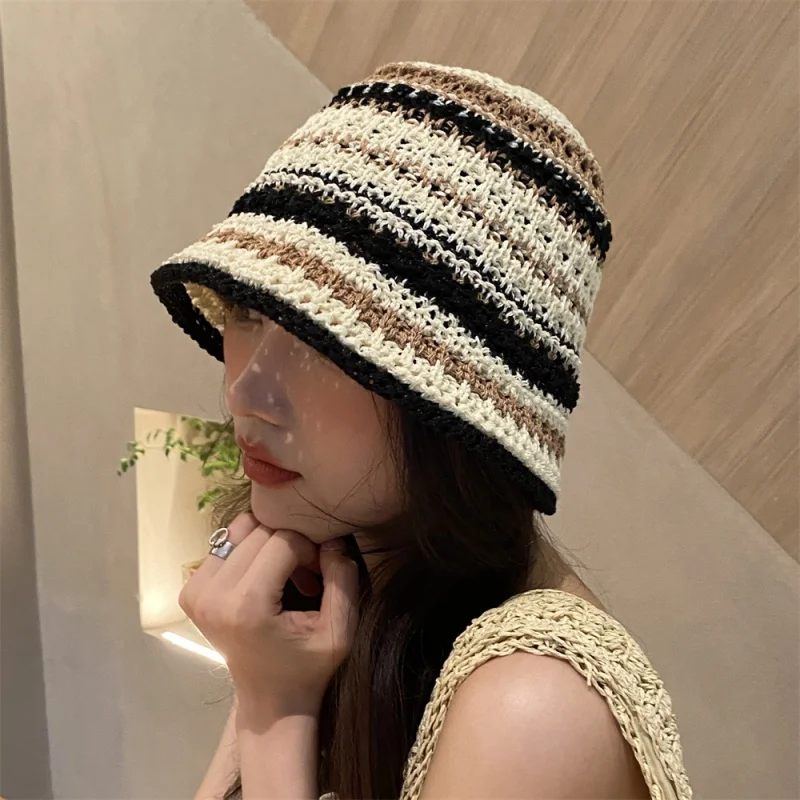 Korean Spring and Summer Thin Handmade Knitted Fisherman Hat Striped Soft Top Bucket All-Match -Proof Travel Sun