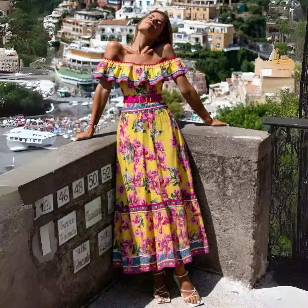 

Flora Printed Slash Neck Dress Women Ruffles Vintage Elegant Chic Vestidos Bodycon High Waisted Clothing Lady Summer Spring