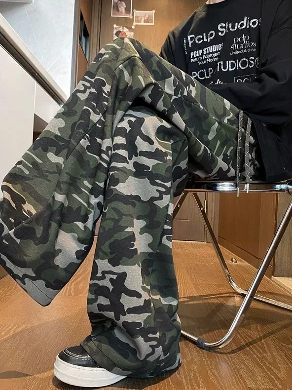 American Style Casual Camouflage Cotton Sweatpants Men's Loose Straight Leg Heavyweight Sport Long Pants Wide Leg Casual Trou...