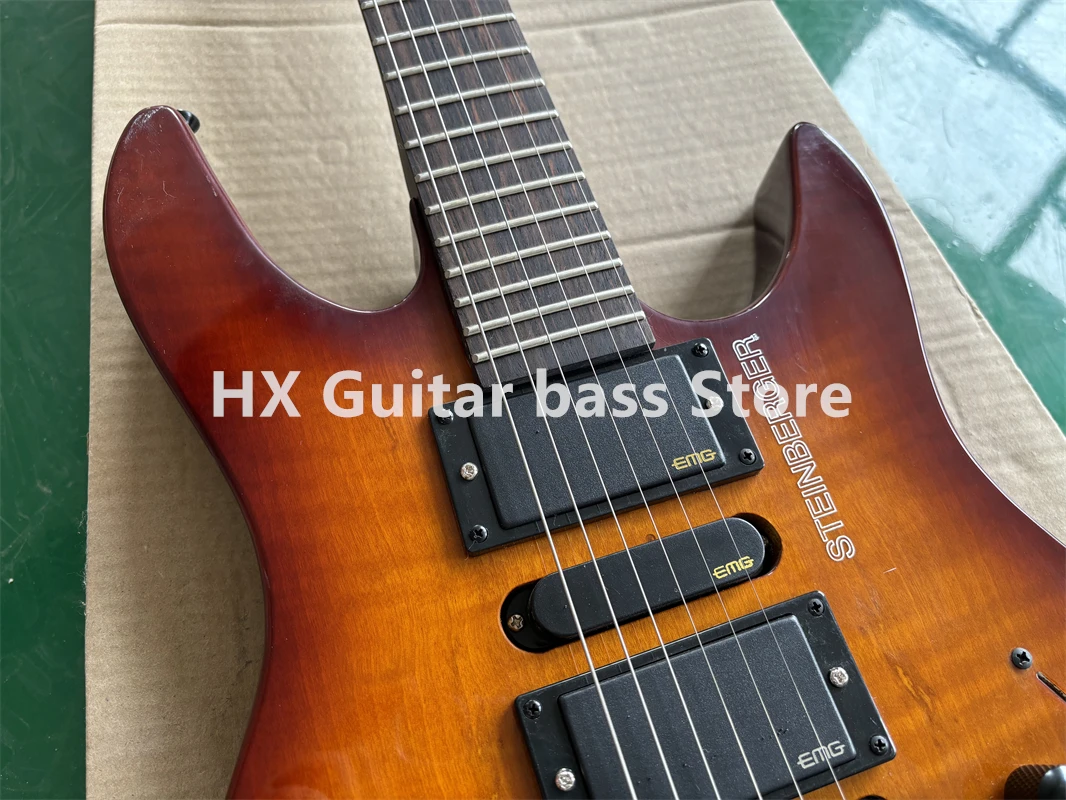 Factory Headless 6 Strings Electric Guitar Transparent Black HSH Pickups Flame Maple Veneer Rosewood Fretboard Customizable