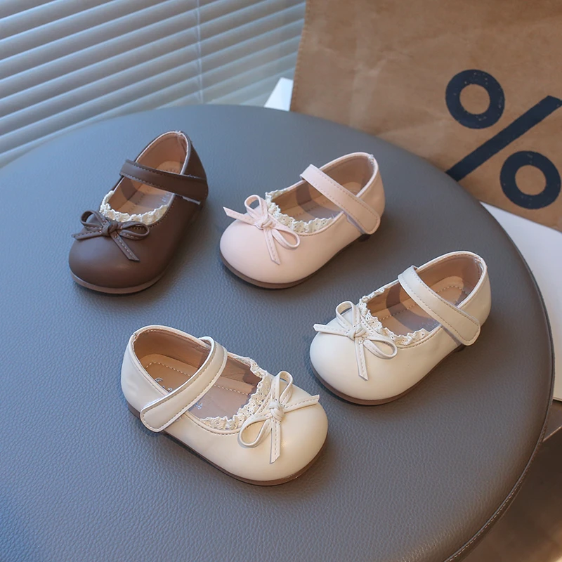 Children Flat Shoes for Girls Sweet New Fashion Korean Style Soft Sole Anti-slippery Princess Lace Baby Shoes with Bow-knot Hot