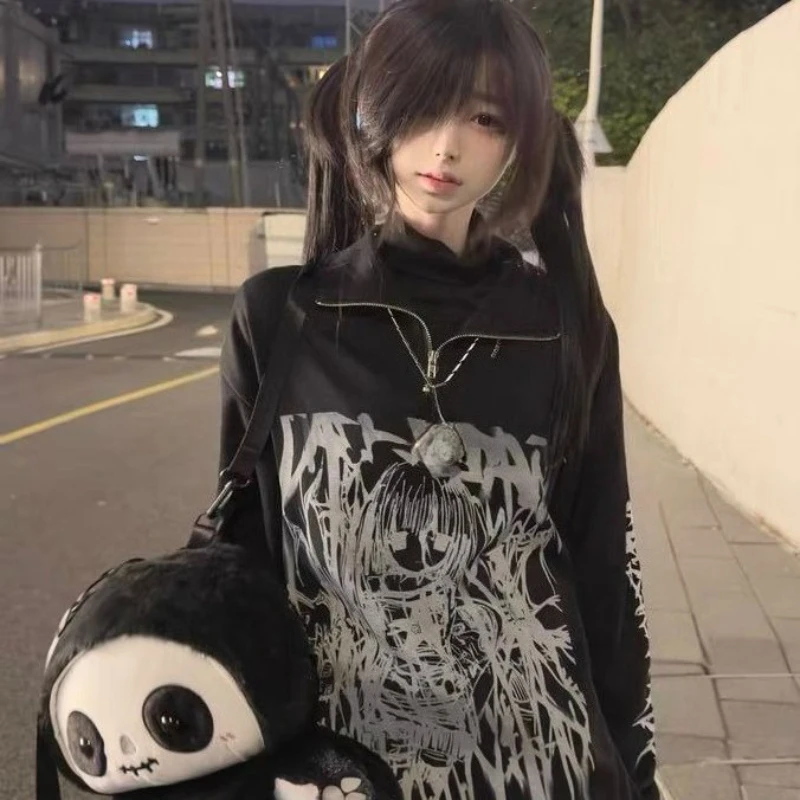 

American Vintage High Street Style Outwear Stand Collar Subculture Slim Lazy Long Sleeve Zipper Kawaill Print Japanese Outwear