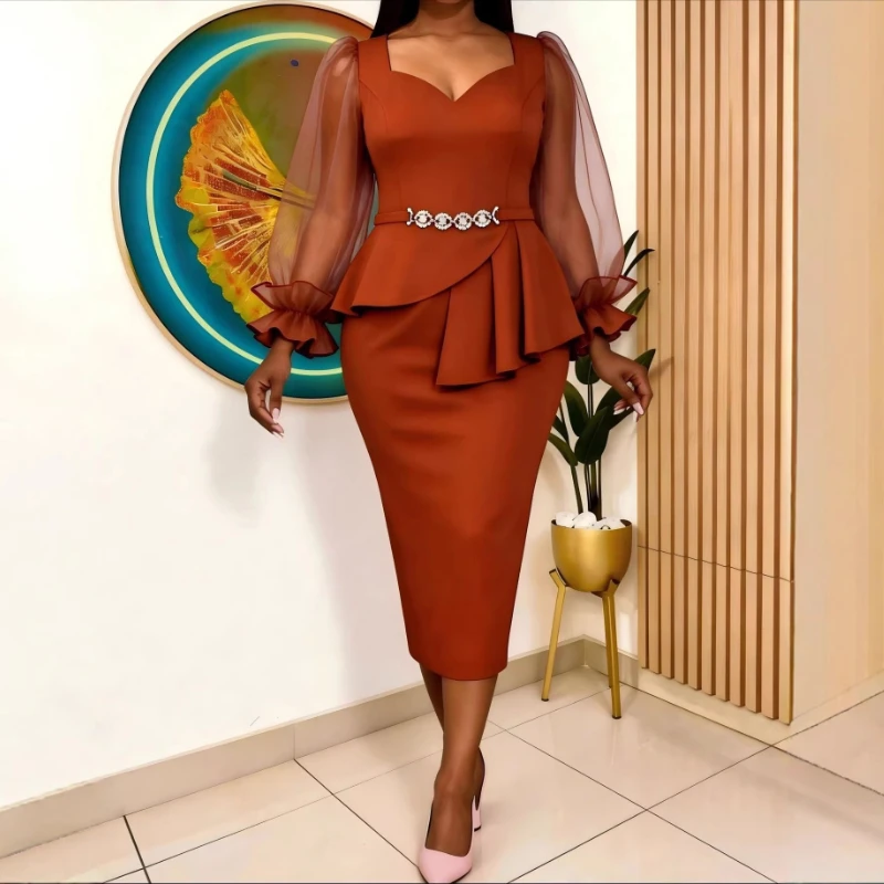 

Dresses for Women Elegant 2026 Summer Long Sleeve V-neck Mesh Bodycon Office Work Midi Dress Outfits