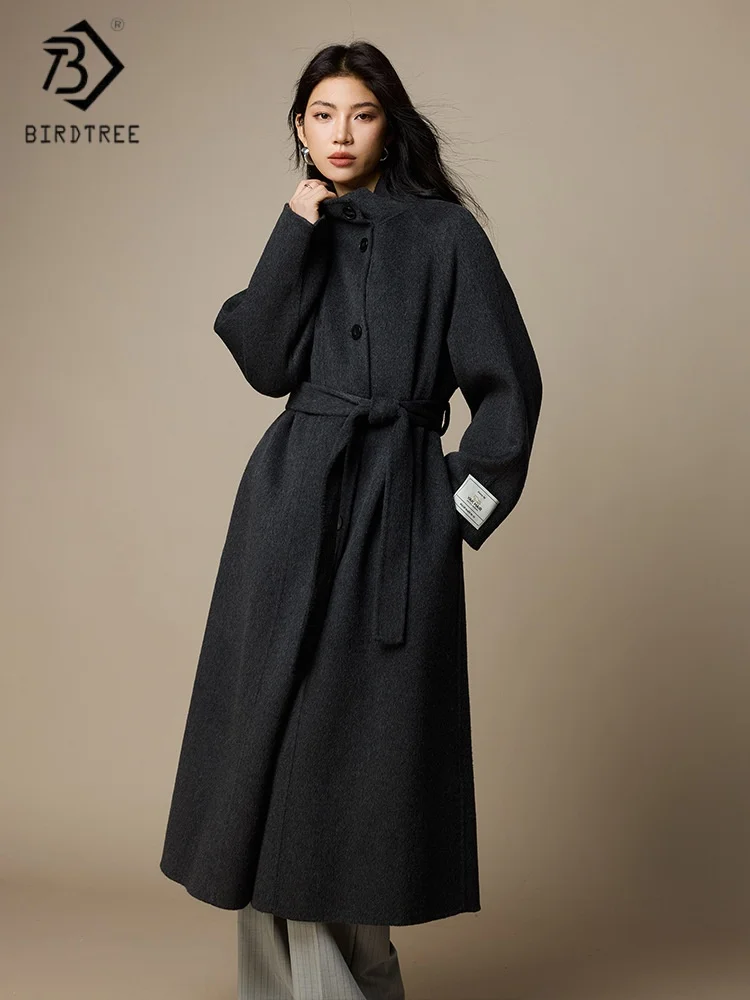 

Birdtree,Wool Cashmere Blended Long Coat,Woman Stand Collar Sweater,Double-side Woolen,Autumn Winter Overcoat,Grey T5N408JF