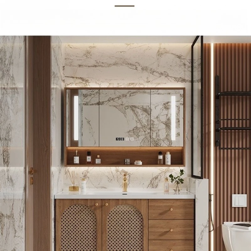 Integrated ceramic basin, bathroom, hand wash, washstand, oak log wind bathroom cabinet, rattan combination