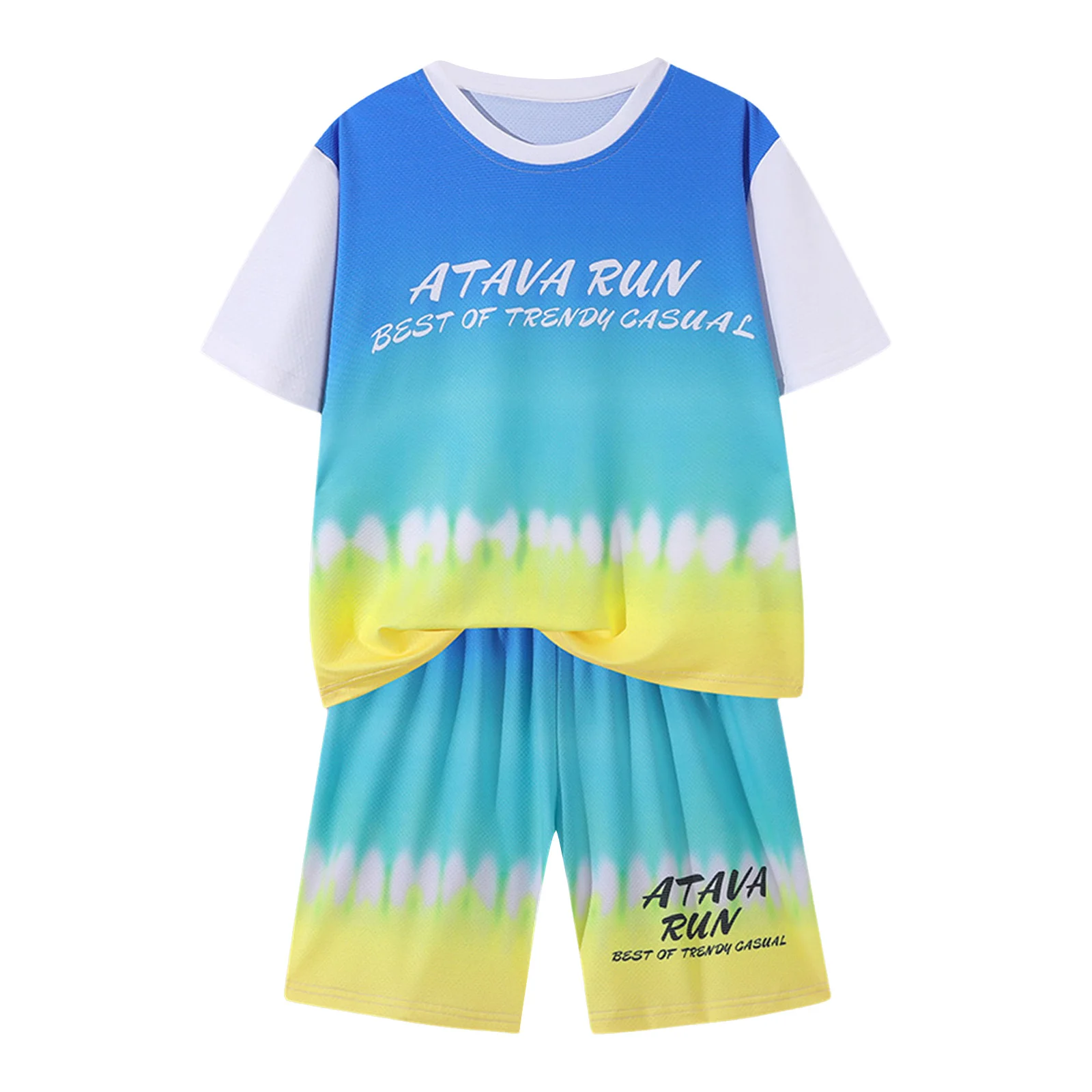 

Kids Boys Quick-Drying Sport Suit Fashion Color Block Printed Tracksuit Short Sleeve Round Neck T-shirt with Elastic Shorts