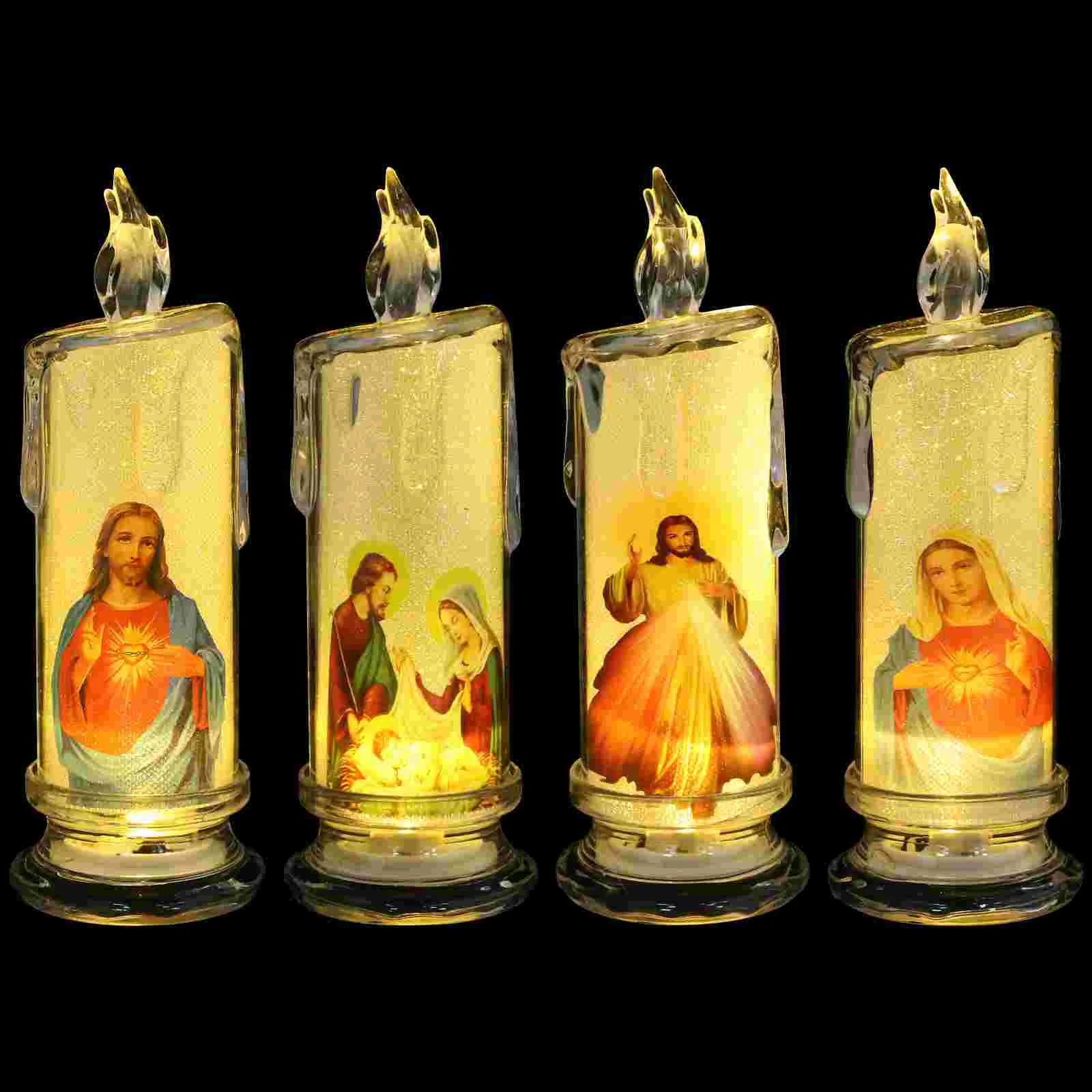 4 Pcs Jesus Lantern Christmas Party Favor Light LED Holy Night Lamp Plastic Religious Candles Catholic