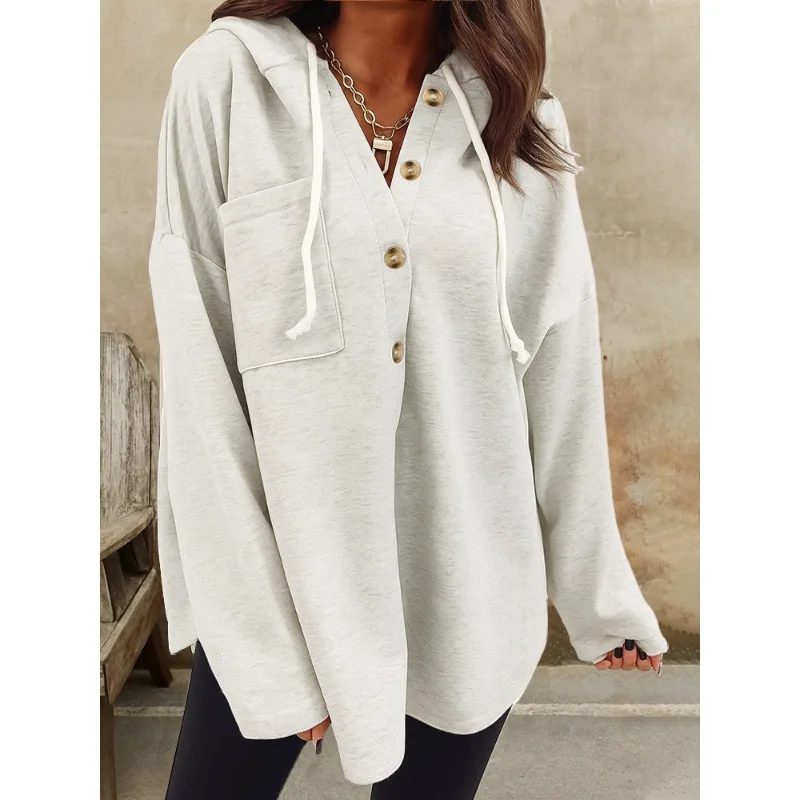New Women's Casual V-neck Hooded Long-sleeved Pullover Loose Solid Color Multi-color Women's Sweatshirt