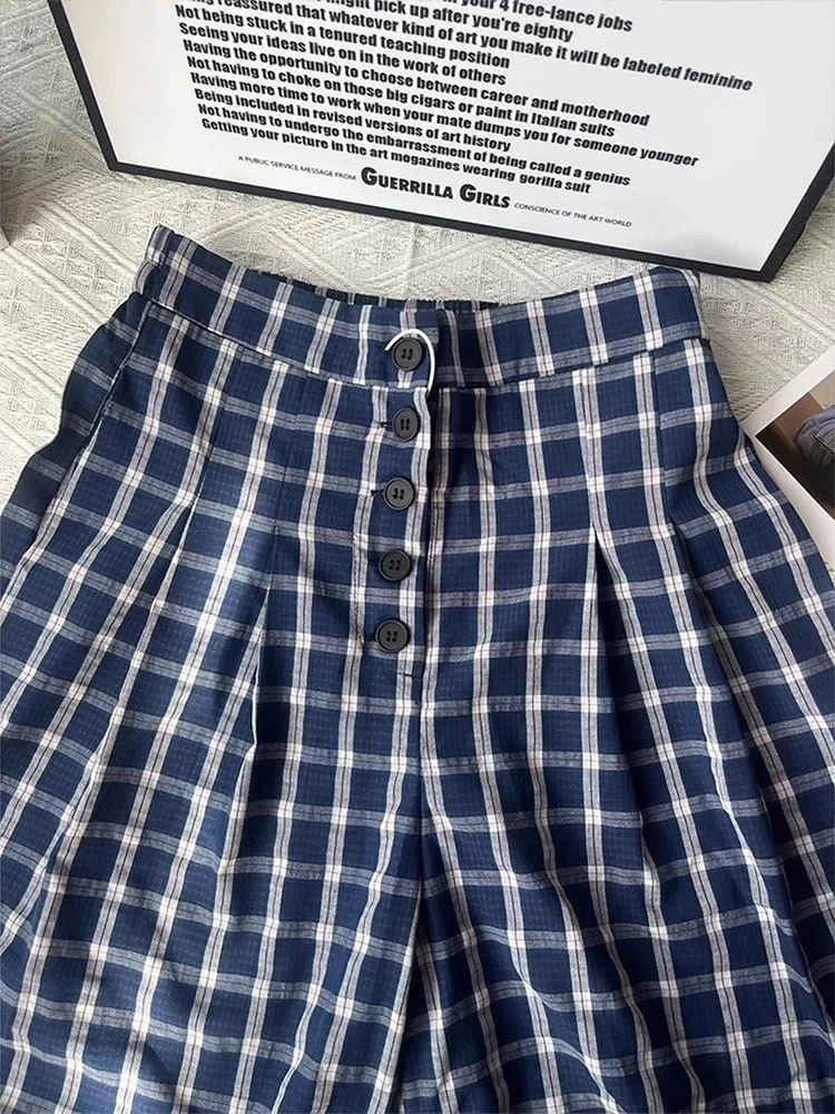 Pantaloni larghi larghi scozzesi blu Uomo Donna Pantaloni estivi sottili con senso appeso Pantaloni casual Pantaloni a tubo dritto a vita alta traspiranti