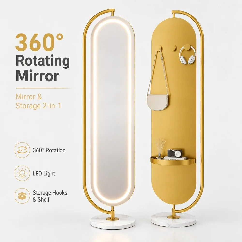 LED Full Length Mirror 360 Rotating Floor Mirror with Lights Touch Dimming Dressing Mirror Storage Stand Bedroom image 6