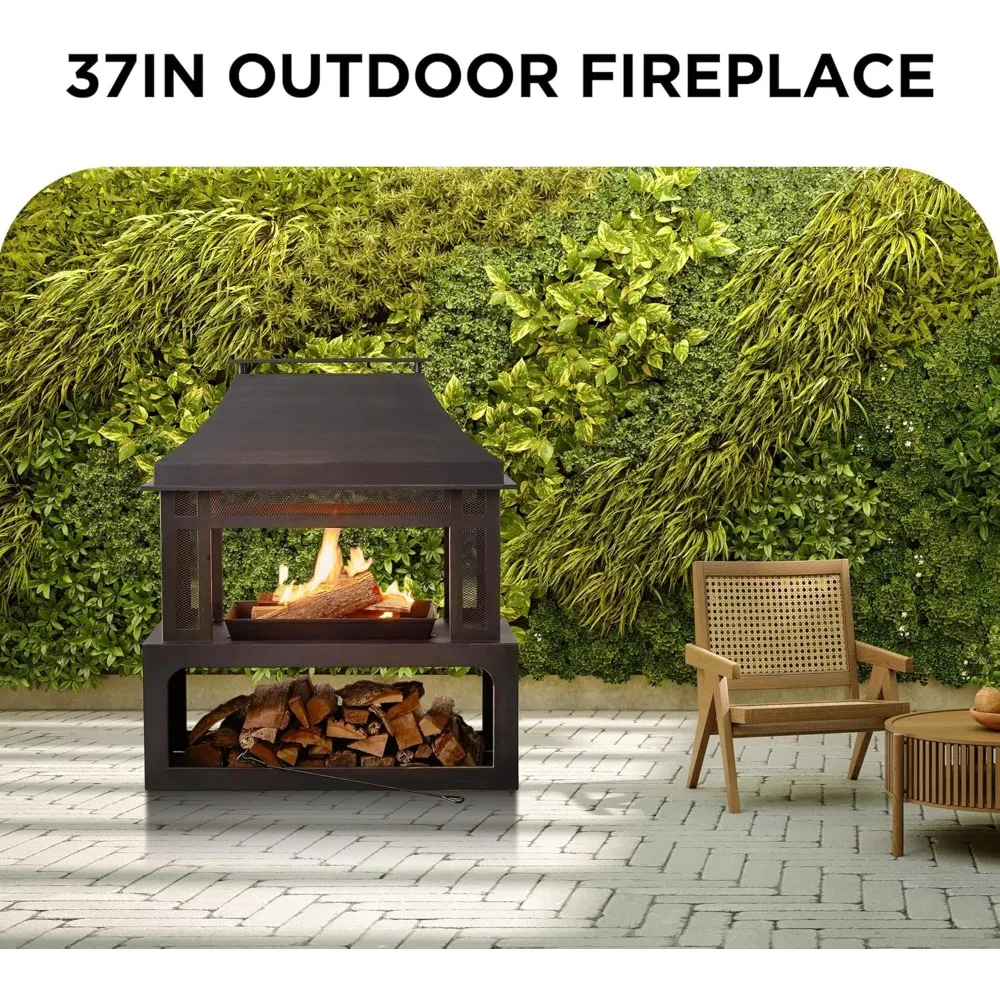 37in Outdoor Wood Burning Fireplace,2-in-1 Large Fire Pit with Log Grate and Poker for Outside, Outdoor Chimney Fireplace