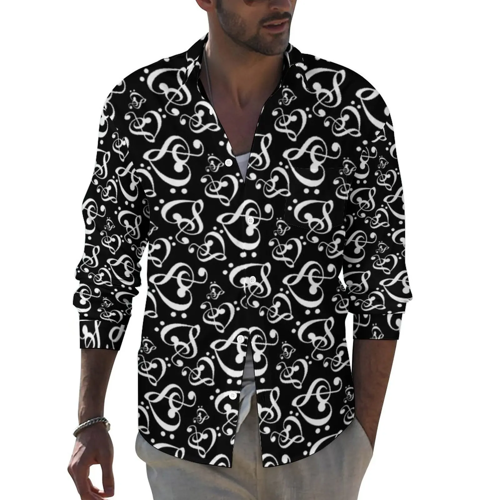 

Black And White Heart Shirt Autumn Music Symbol Print Casual Shirts Men Fashion Blouses Long Sleeve Street Top Big Size 3XL 4XL