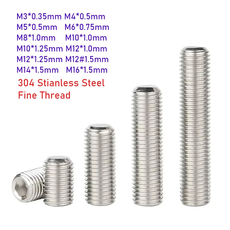 M3 M4 M5 M6 M8 M10 M12 M14 M16 304 Stianless Steel Fine Thread Grub Screw Flat Point Set Screw End Grub Headless Bolt
