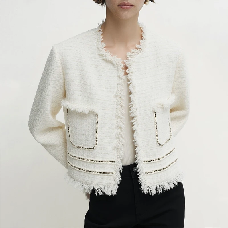 Amii Women's Jacket 2026 Autumn New Tweed Fringed Splicing Pleated Cuffs Box Jacket Elegant O-Neck Short Loose Top 12611035