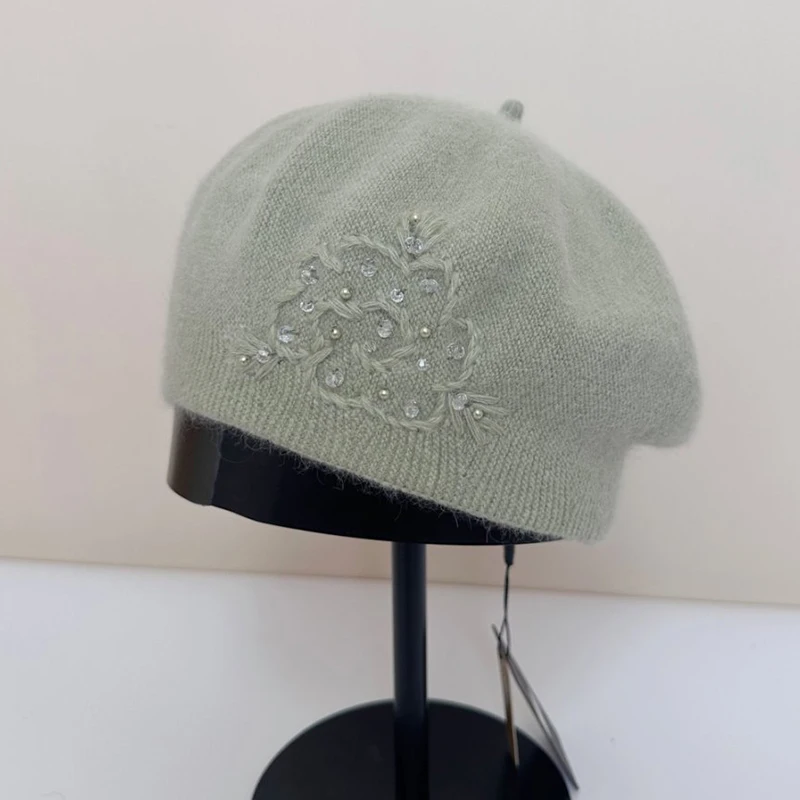 

Angora Beret Women Winter Knit Hat Flower Pearls Warm Soft Accessory For Autumn Outdoors Sports Cold Weather
