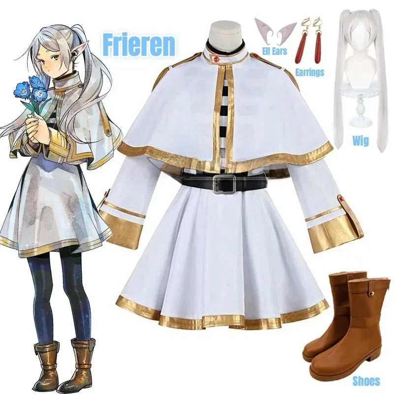 Sousou no frieren Cosplay Kostüm Perücke Schuhe Anime Magier Kleid Elf Ohr Halloween Party Aristmas für Frauen Mädchen