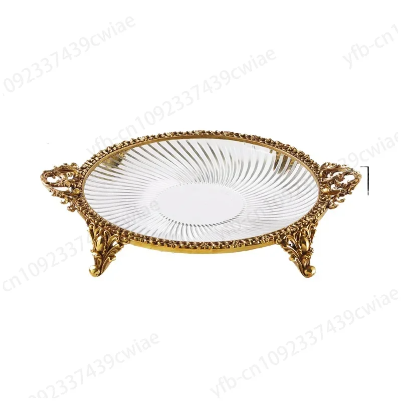 

Retro Brass Round Tray Binaared Fruit Plate European Style Living Room Villa Crystal Glass Ornaments Decoration Plate