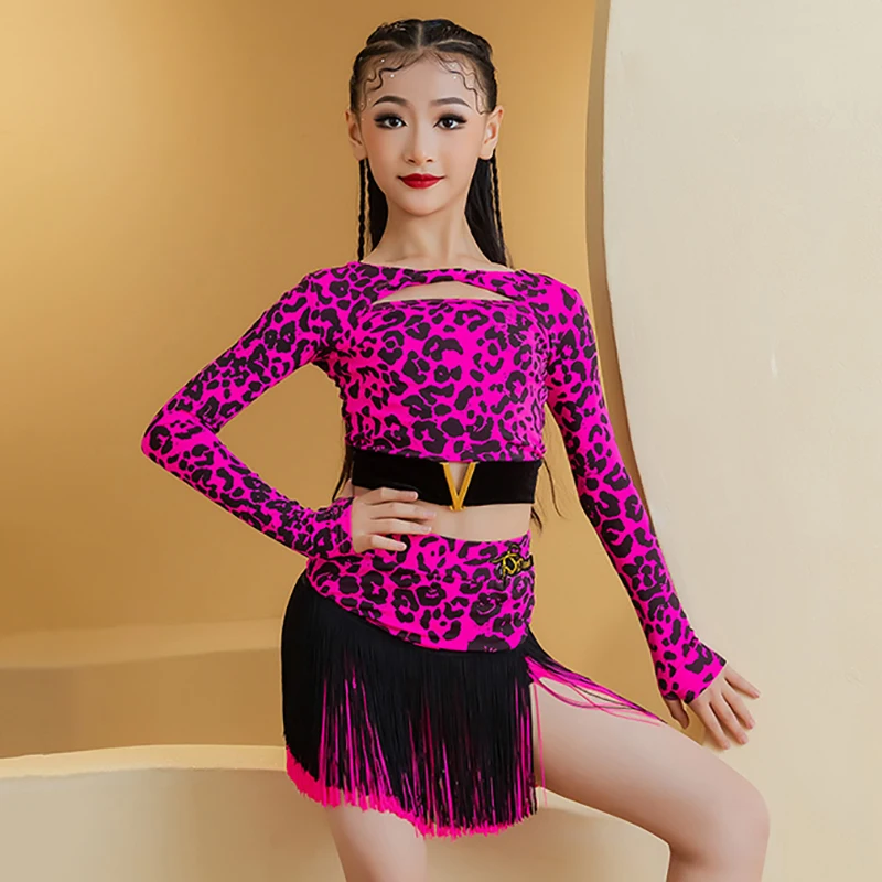 

Rose Leopard Print Long Sleeve Top and Fringe Skirts Latin Dancewear Kids Girls Rumba Chacha Performance Competition Costumes