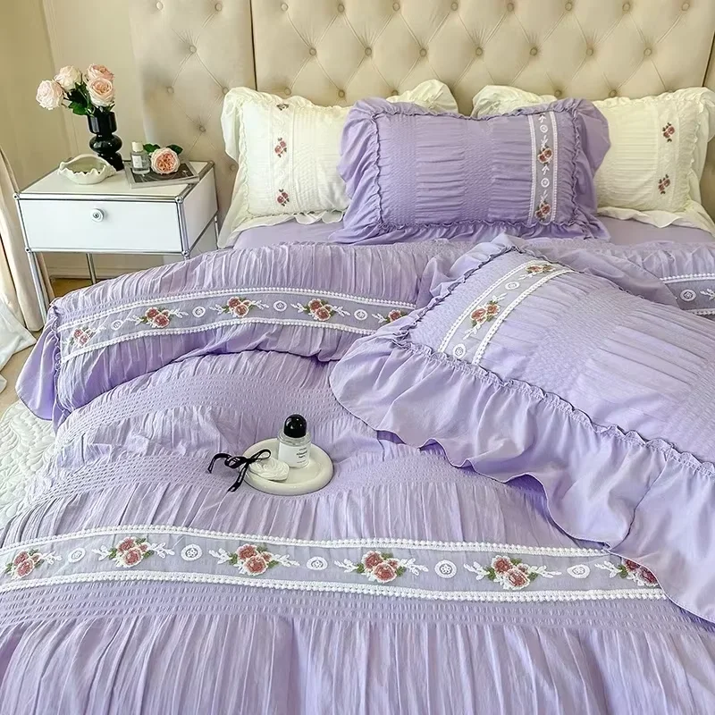 French Embroidered Lace Bubble Gauze Bedding Set Pink Elegant Princess Style Queen Duvet Cover Set Ruffled Comforter Cover Sets