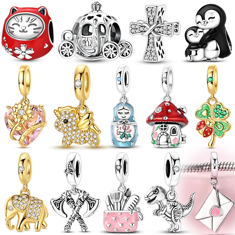 925 Sterling Silver Charms Mushroom Dinosaur  Unicorn Axe Beads Pendant Fit Bracelet Diy Woman Jewelry