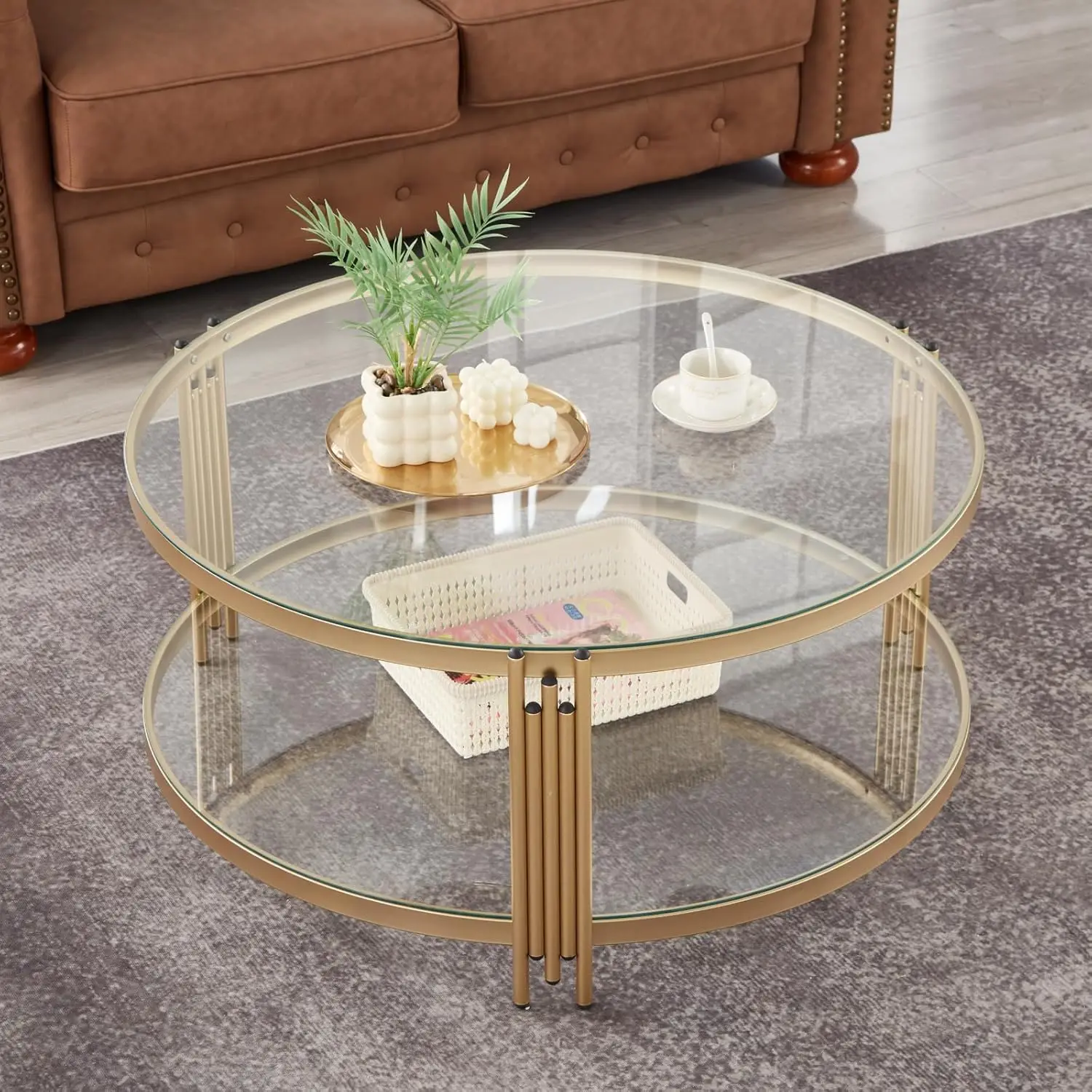 Gold Glass Coffee Table For Living Room, 36" Round Glass Coffee Table With Metal Frame, 2 Tier Circle Coffee Table For Home, Off