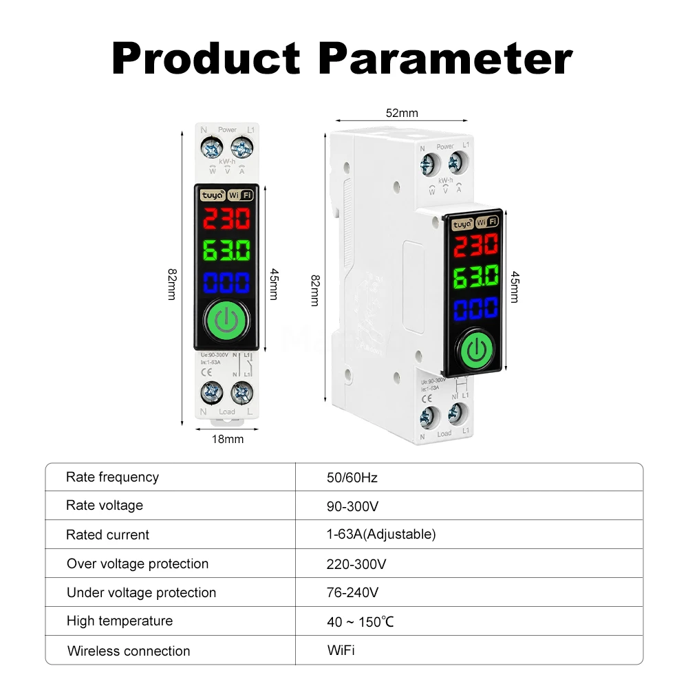 MANHOT WLAN-Smart-Leistungsschalter 1P+N 63A DIN-Schienen-Schalter mit LED-Messanzeige Smart Breaker Sprachsteuerung für Tuya Alexa – Detail 15