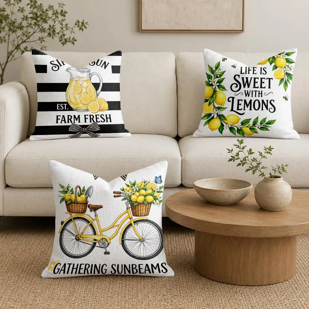 Vintage Bike Lemon Cushion Cover Natural Linen Organic Fabric Double-Sided Printing Sofa Home Decor Gift Pillow Cover