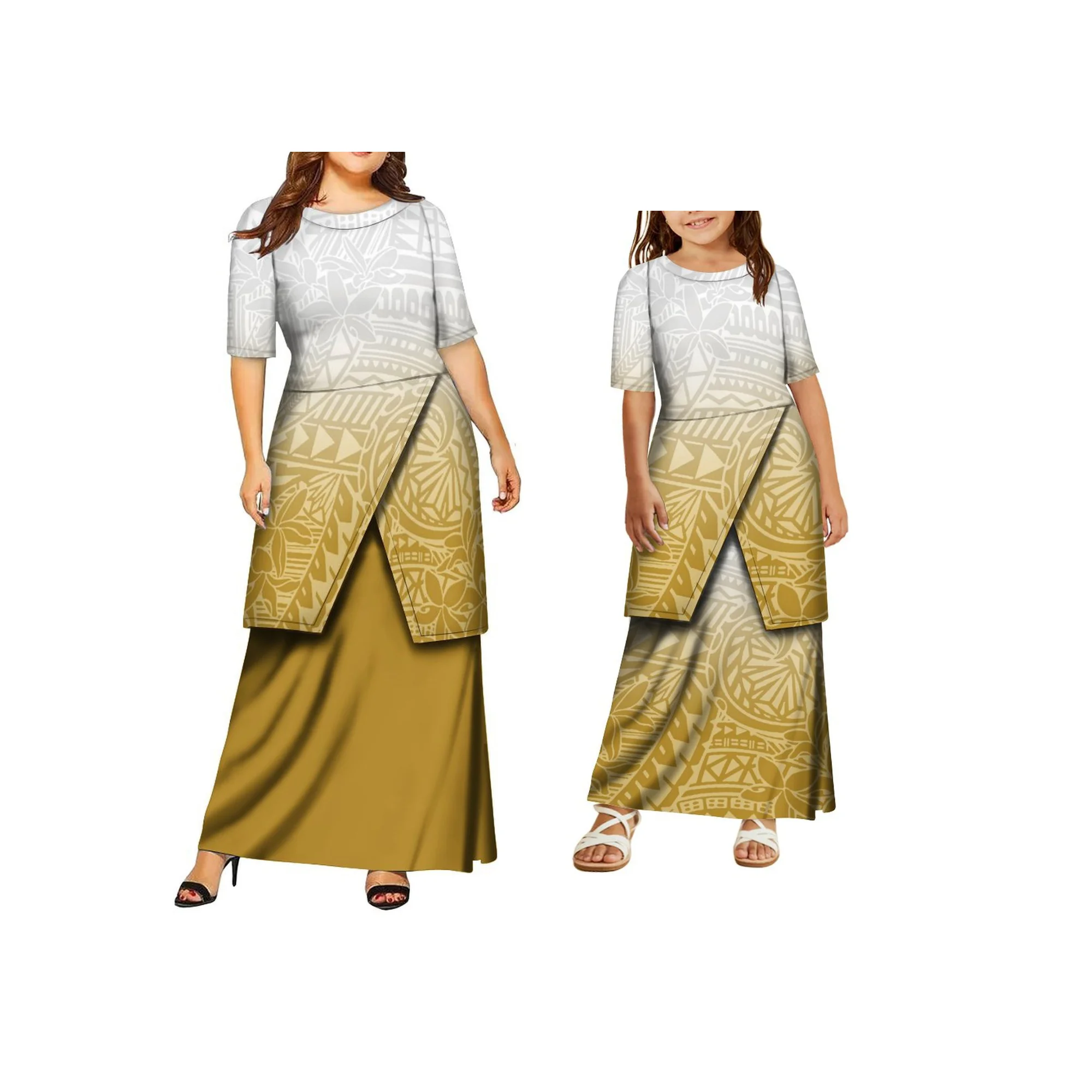 فستان صيفي مخصص للأم والبنت بتصميم على الطراز البولينيزي مكون من قطعتين فستان ساموا Puletasi برقبة دائرية نصف كم