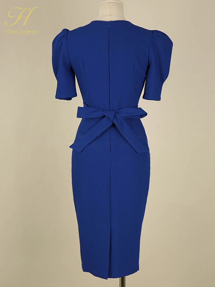 Hot sale Summer Sheath Pencil Dress Simple Formal Office Lady Work Elegant Blue Solid Puff Sleeve Lace up Slim Party Dresses