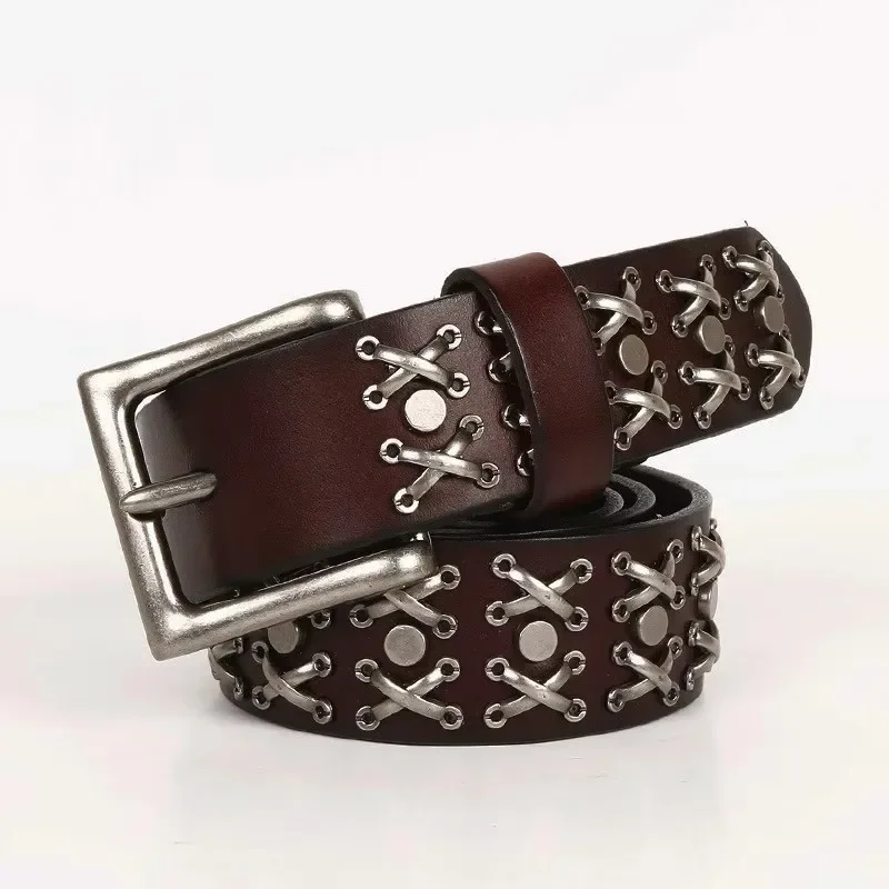 3.8CM New Cowboy Punk Pin Buckle Neutral Belt Real Genuine Leather Women Belt Metal Stud Rivet Jeans Belts For Men Hiphop Rock