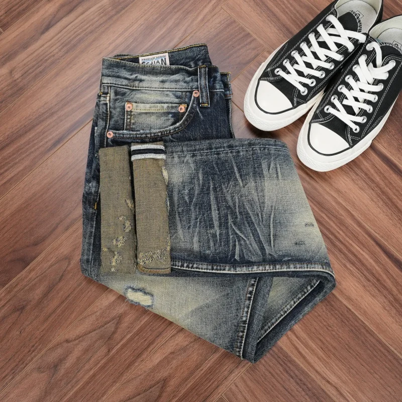 

High-end trendy men's clothing, heavy-duty washed distressed jeans with holes and patches, slim-fit straight-leg pants, popular