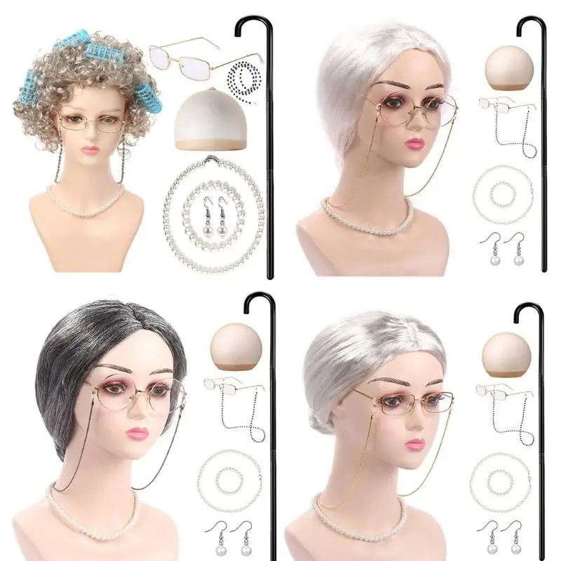 

39BD комплект костюма старой леди для девочек, костюм бабушки на Хэллоуин, наряд, парик, очки, ожерелье