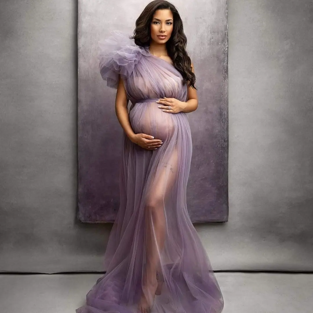 One Shoulder Lavender Prom Dresses See Thru Maternity Gown Women Photo Shoot Robe Cute Baby Shower Vestidos