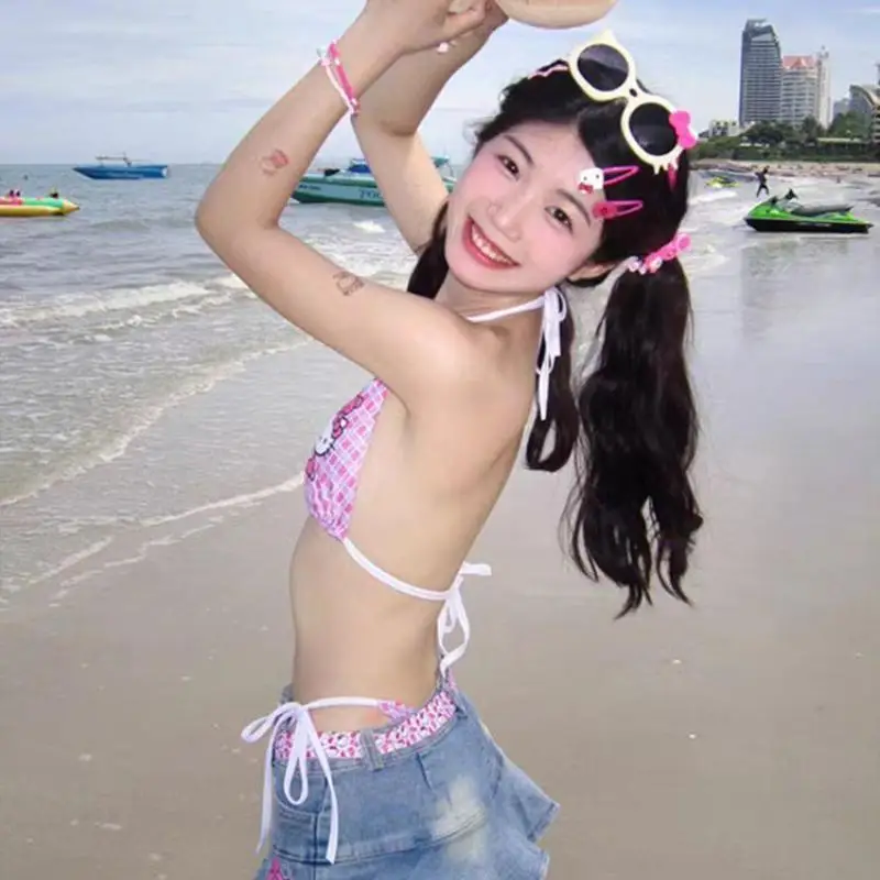 مرحبا كيتي بيكيني ملابس السباحة سانريو مثير ملابس السباحة اليابانية لطيف فتاة الصيف الحلو سبا عطلة السباحة الشاطئ الساخن طباعة ملابس السباحة