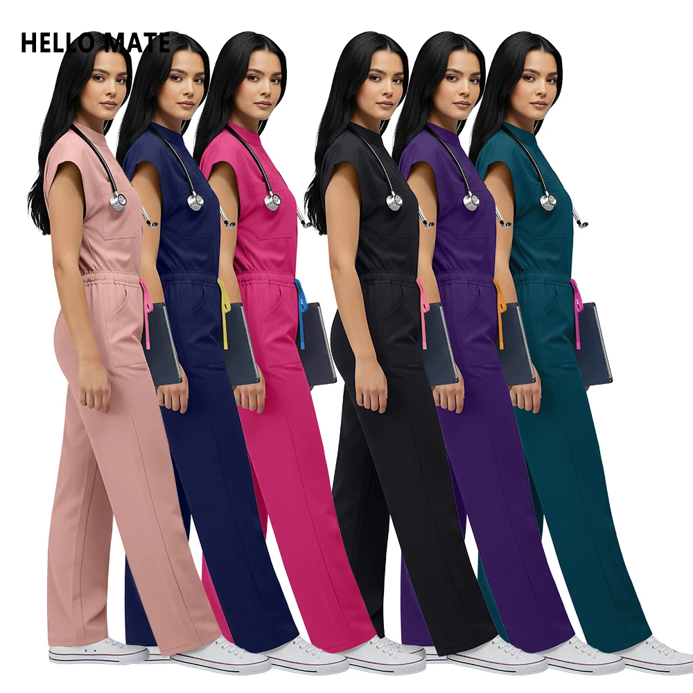 

Wholesale Price Scrub Jumpsuit Pocket Medical Apparel Uniform Women Short Sleeve Overalls Hospital Clothes Beauty Salon Workwear