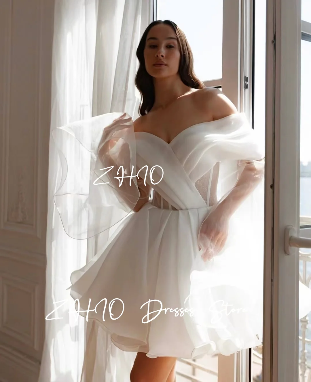 

BOMP Простое короткое свадебное платье со складками и открытыми плечами, с бантом и лентами, трапециевидное платье из органзы с драпировкой цвета слоновой кости, свадебное платье для приема на заказ