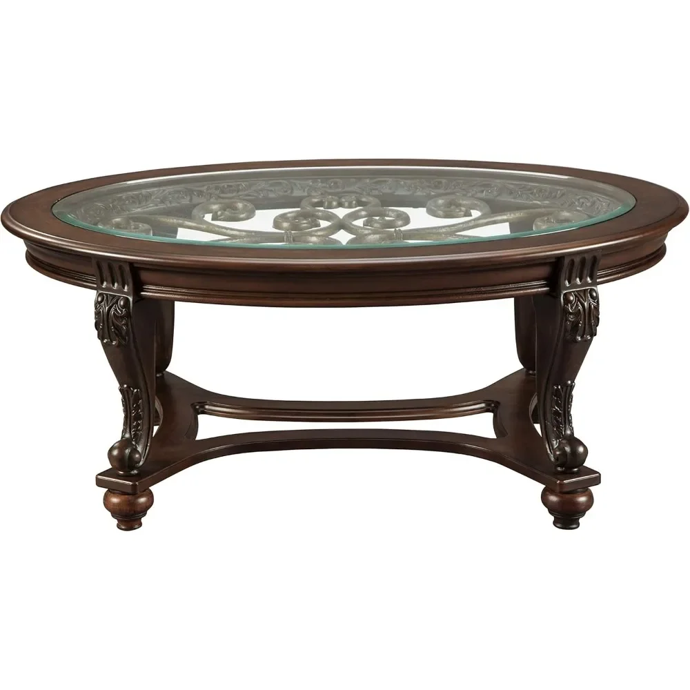 Vintage oval coffee table with beveled glass top and rolling legs, 34 L x 48 W x 20.25 H inches, dark brown