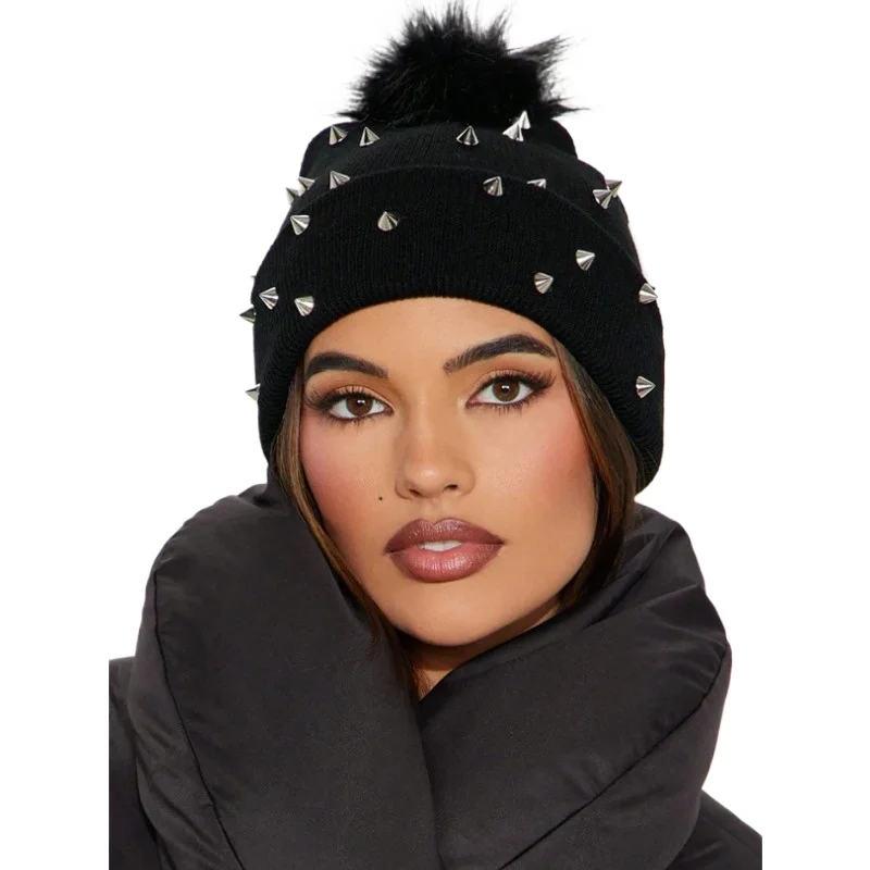 1PC Herren und Damen Herbst/Winter personalisierte Punk-Niete warme Wollknäuel-Strickmütze weich und bequem