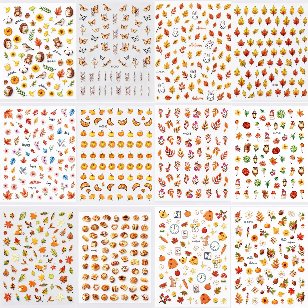 12Pcs Mixed 3D Autum Nail Stickers Cute Hedgehog Squirrel Maple Leaf Fox Sunflower Self-adhesive Nail Decals Fall Manicure Decor