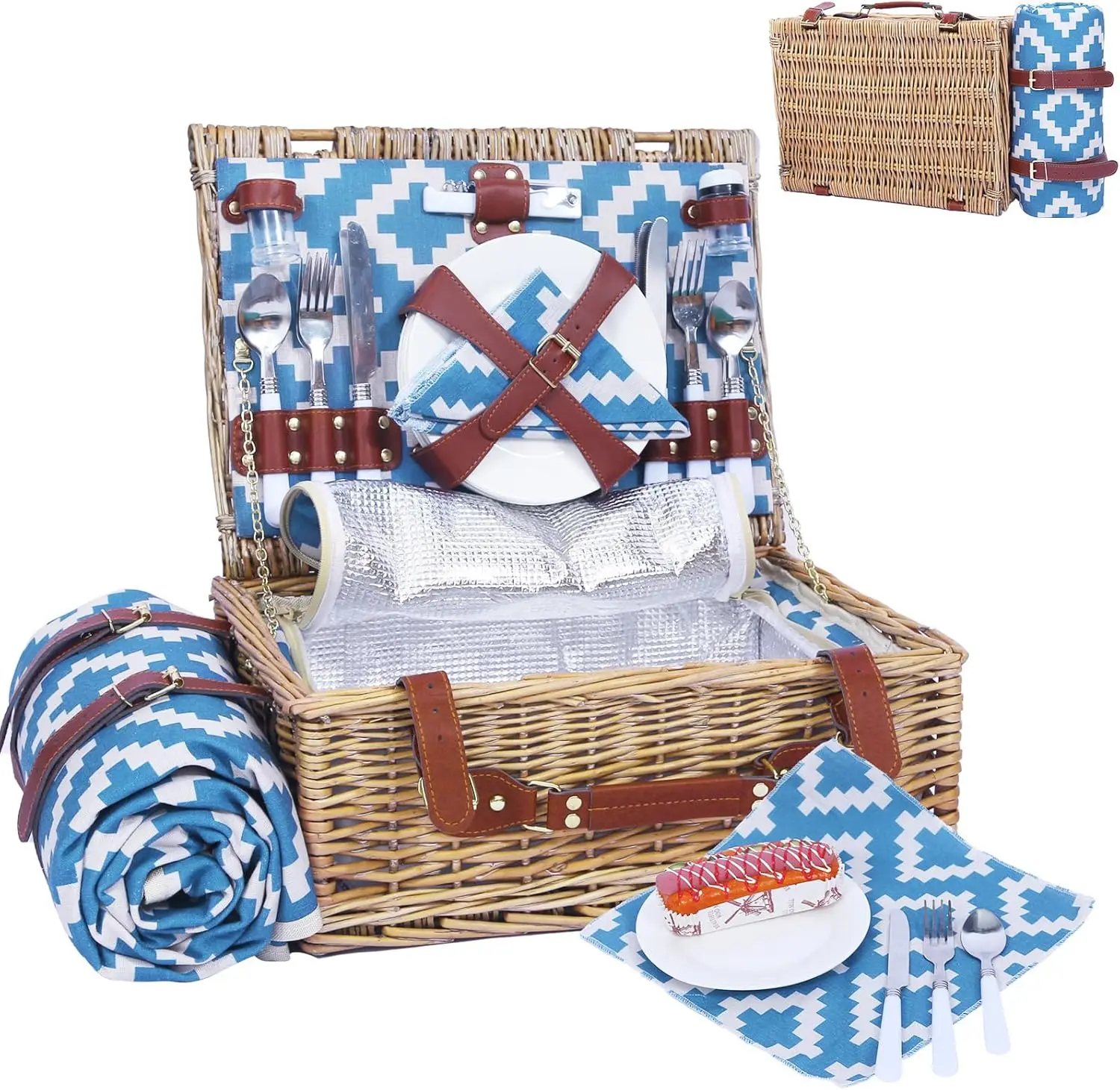 

Wicker Picnic Basket for 4 with Insulated Cooler & Waterproof Blanket – Large Outdoor Hamper for Camping, Beach, Dates