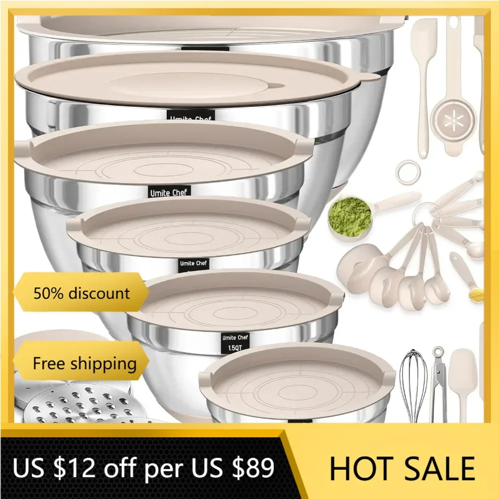 

Mixing Bowls with Airtight Lids Set, 26PCS Stainless Steel Khaki Bowls , Non-Slip Bottoms & Kitchen Gadgets