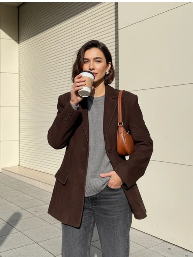 

Women Solid Casual Brown Lapel Blazer Coat Fashion V-neck Full Sleeve Single Breasted Loose Jacket 2026 Lady Spring Autumn Wear