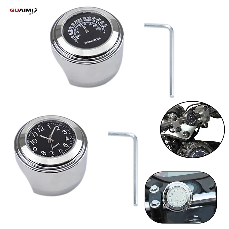 

2pc Universal Motorcycle 7/8" 1" Handlebar Watch Clock and Thermometer Chrome Black/White Dial Waterproof For Davidson Cruiser