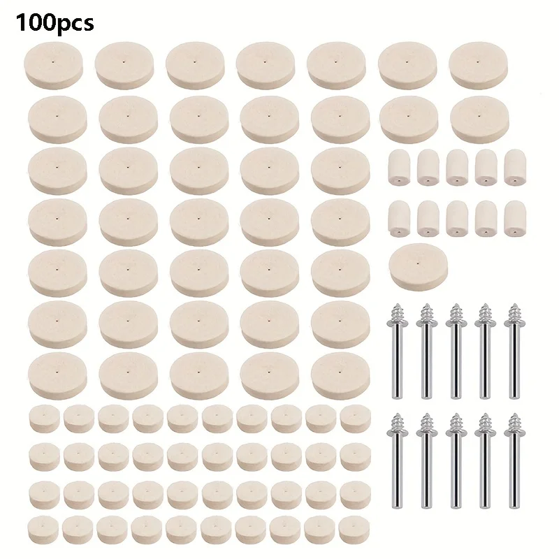 100 Pcs Wool Felt Polishing Pad Buff Clean Wheels & Point Mandrel Buff Kit for Rotary Tools Jewelry Polishing Accessories