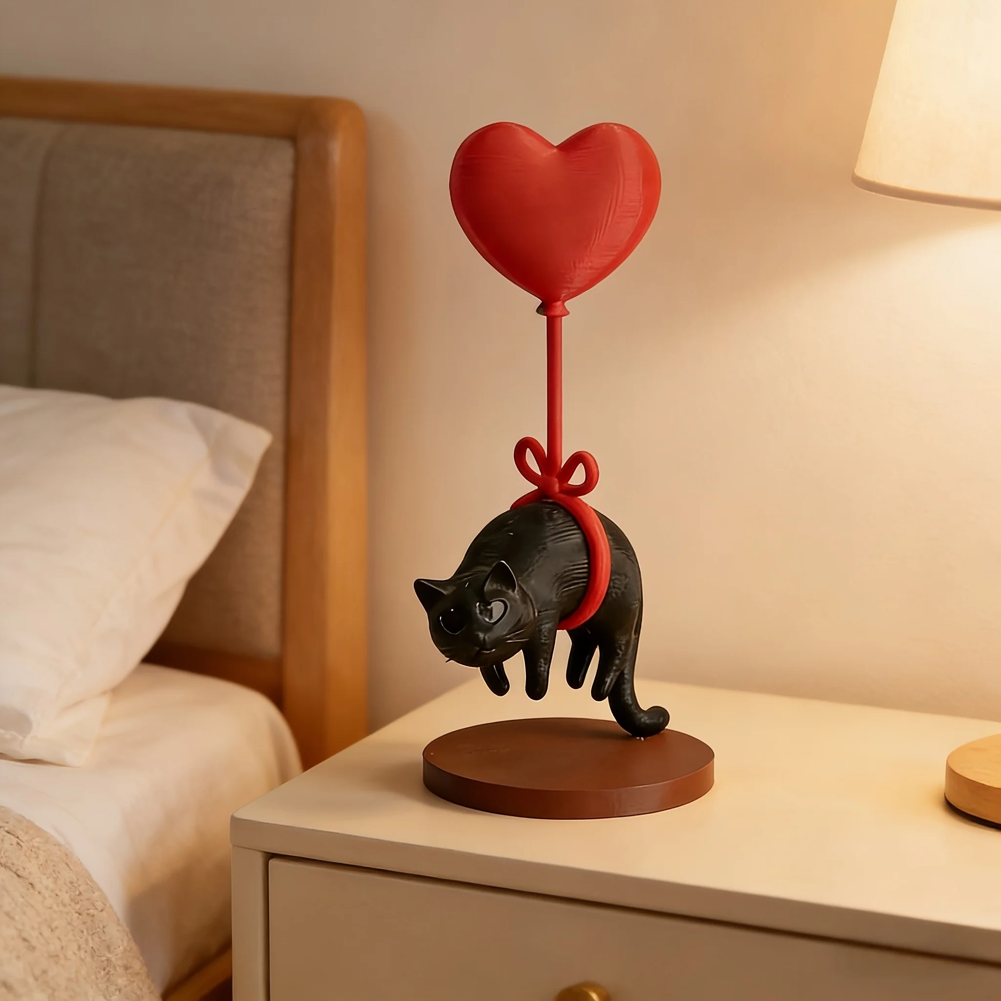 Floating Cat w/ Heart Balloon 3D Printed Romantic Desk Decor for Couples, Home, Bookshelf, Bedside. Cute & Cozy