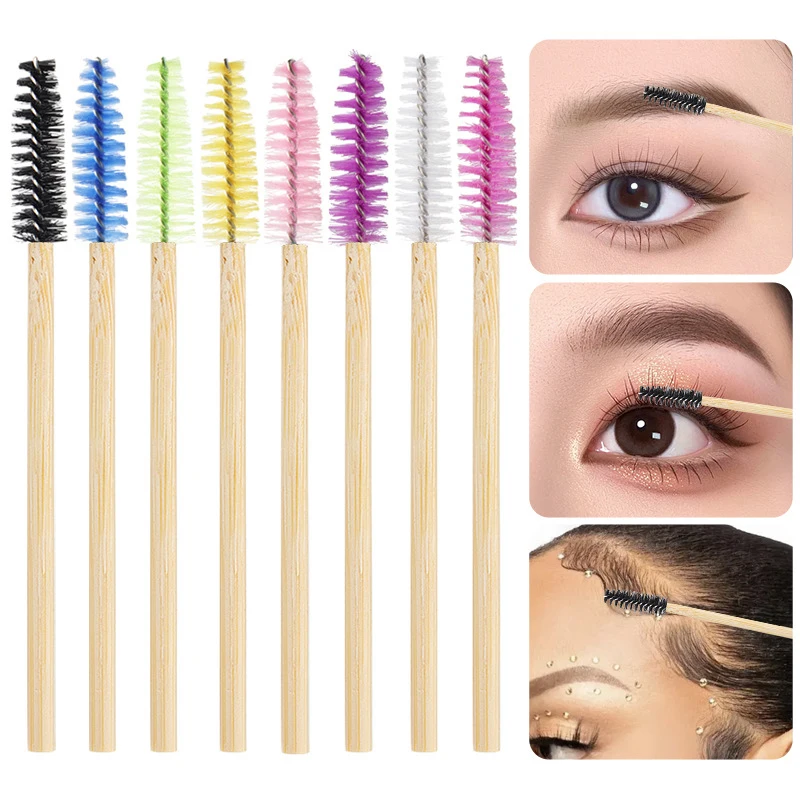 50Pcs Bamboo Handle Eyelash Brush Makeup Brush Eyelash Extension Mascara Wands Applicators Eye Lash Curling Comb Makeup Tool